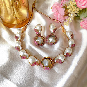 Moti-e-Phool Necklace Set - Fuchsia Flame