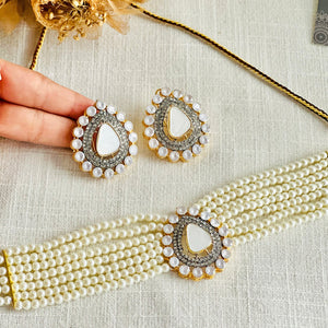 By La Lueur | CS-73 | Hala Choker Set - Pearl White