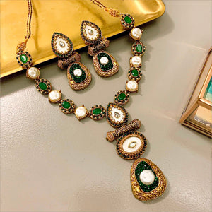 By La Lueur | S-57 | Rang-e-Deewan Pearl Mughal Charm Necklace - Emerald Green
