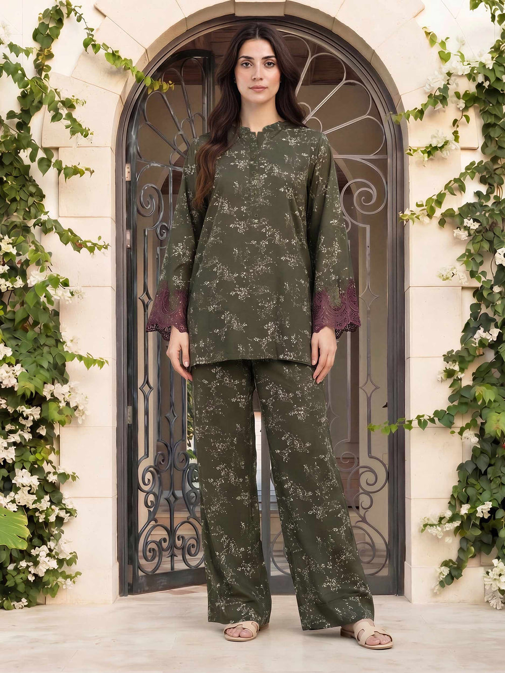 Limelight | AZ-LL-A5980ST-3 | Silk Co-ord Set - Embroidered - Olive