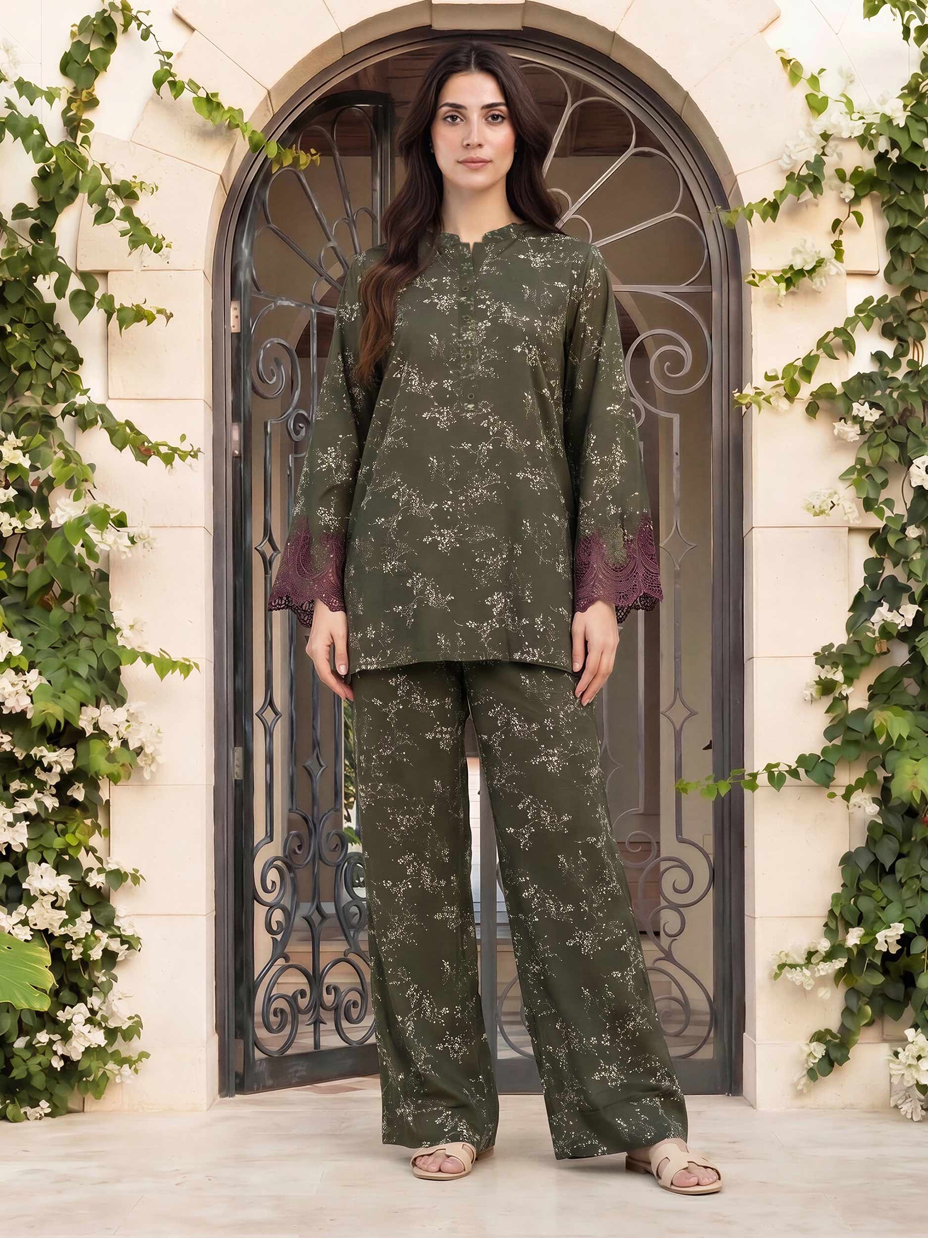Limelight | AZ-LL-A5980ST-3 | Silk Co-ord Set - Embroidered - Olive