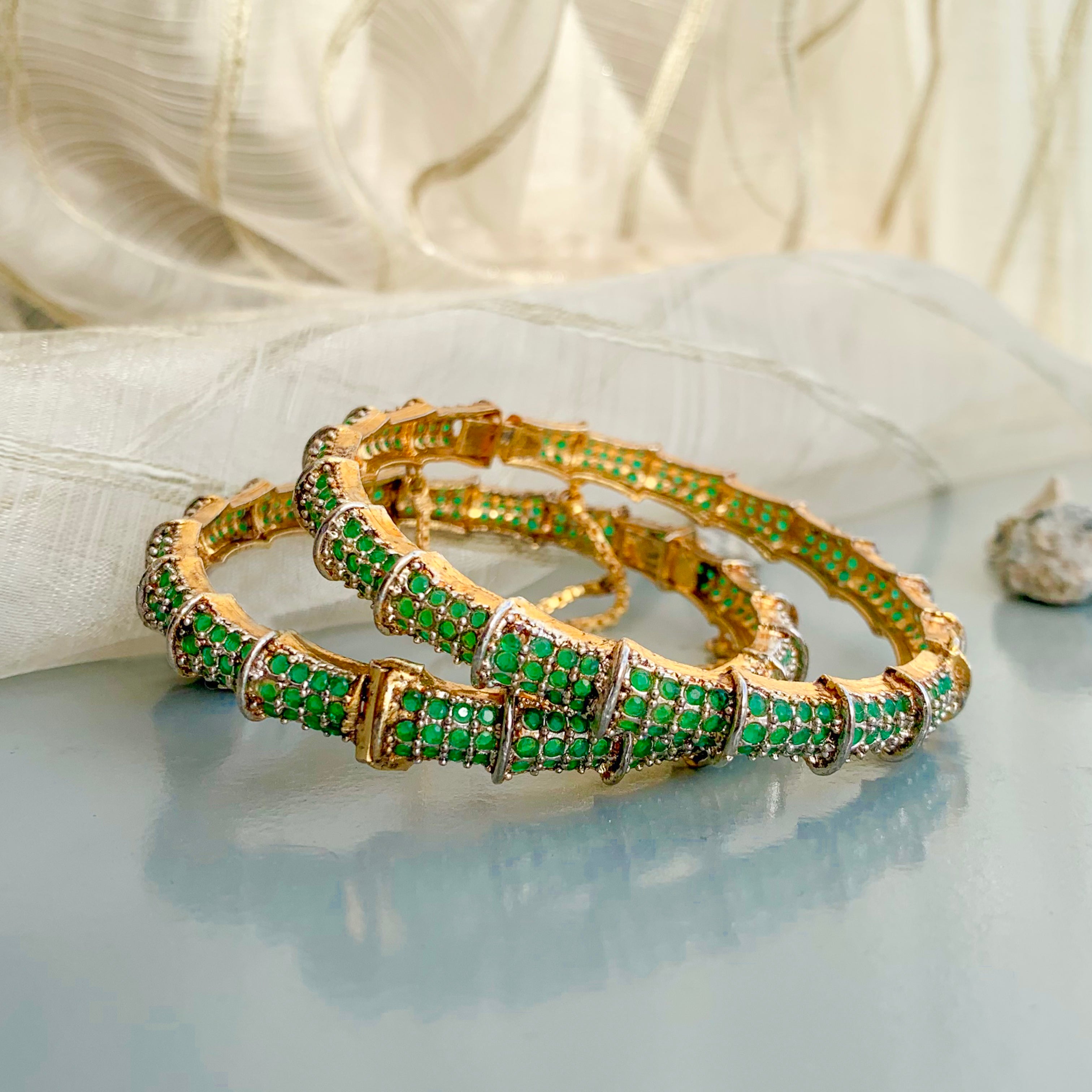 By La Lueur | BN-52 | Husn-e-Kalai Bangles - Emerald Green
