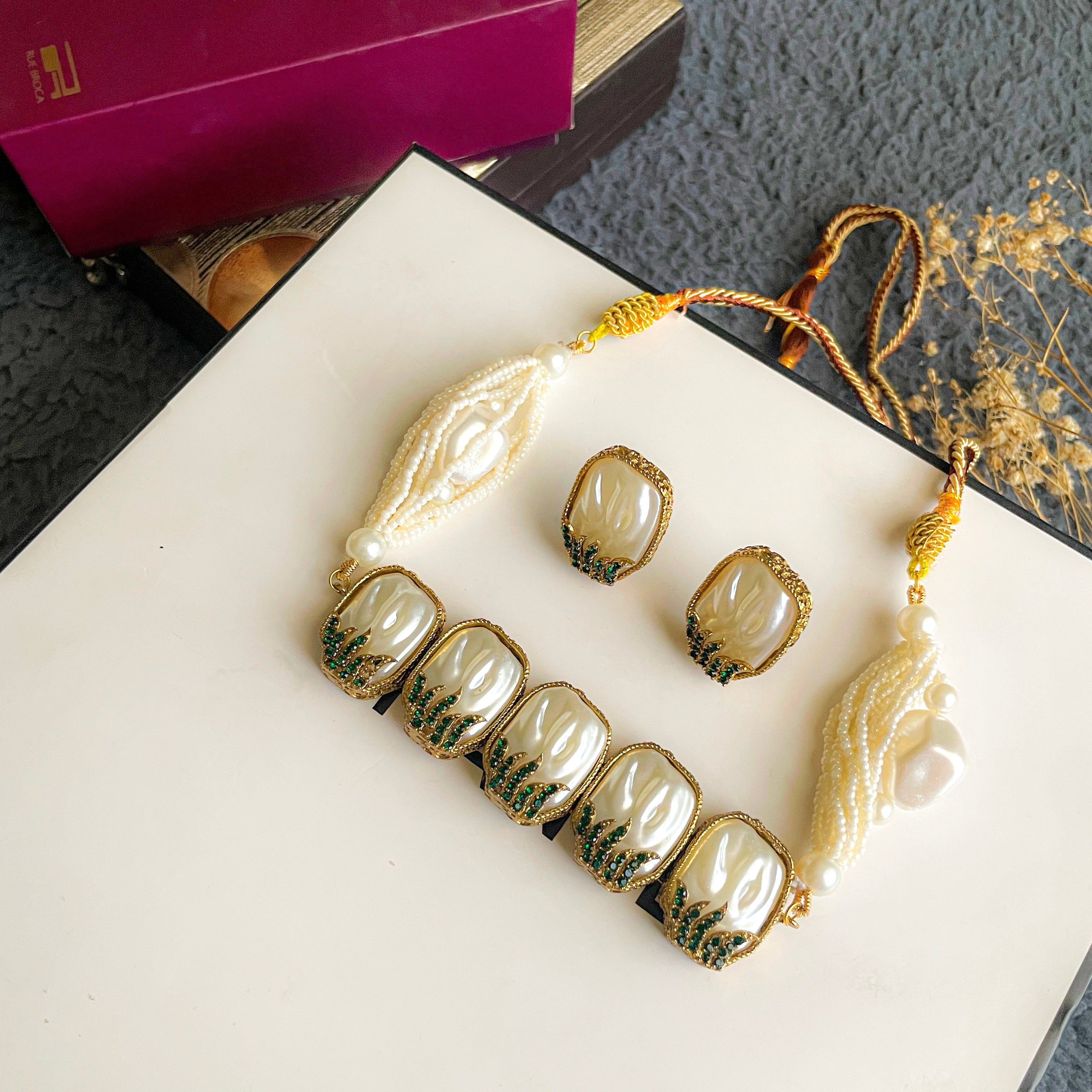 By La Lueur | CS-51 | Husn-e-Janan Choker Set - Emerald Gilt
