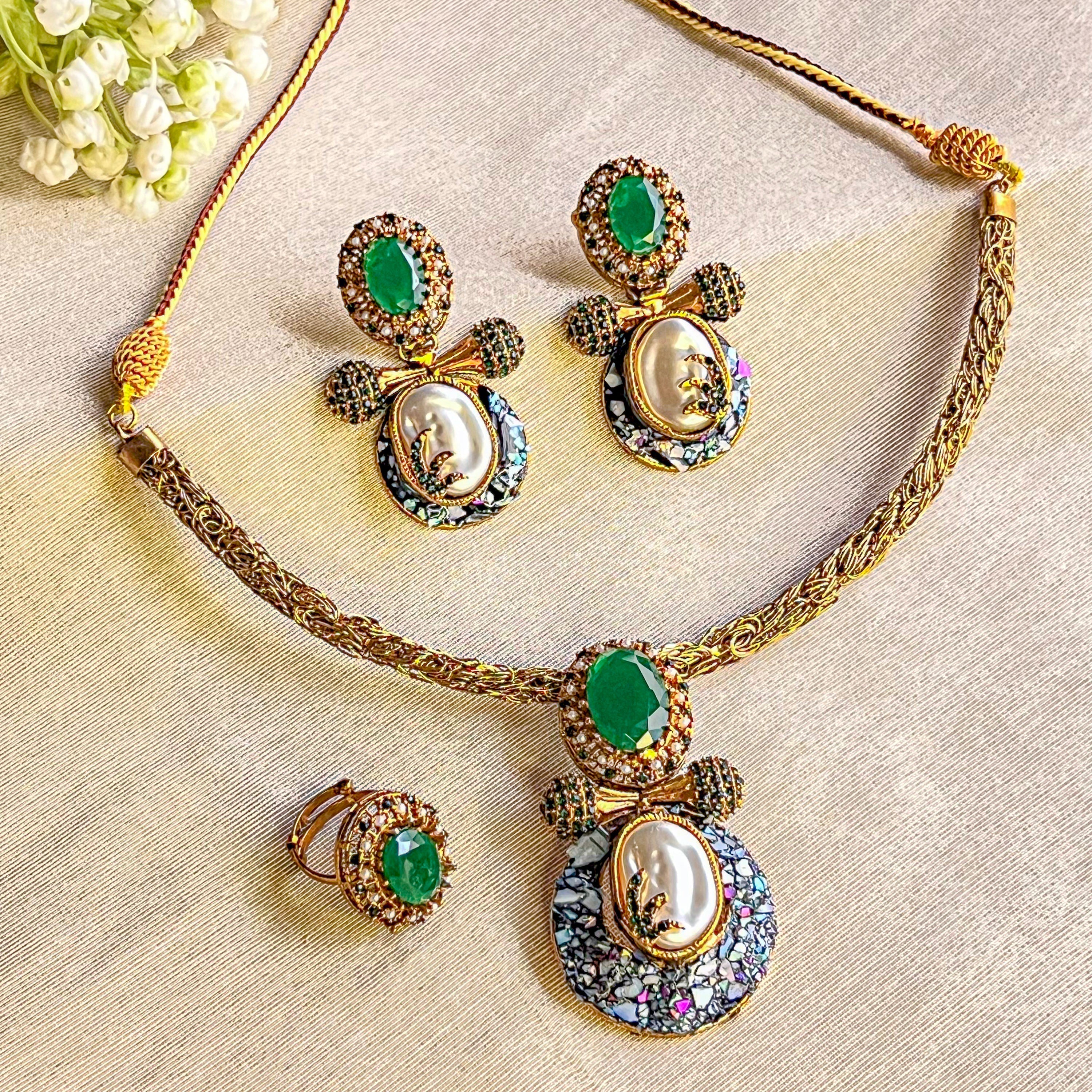 By La Lueur | CS-60 | Gul-e-Aftab Choker Set - Emerald Green