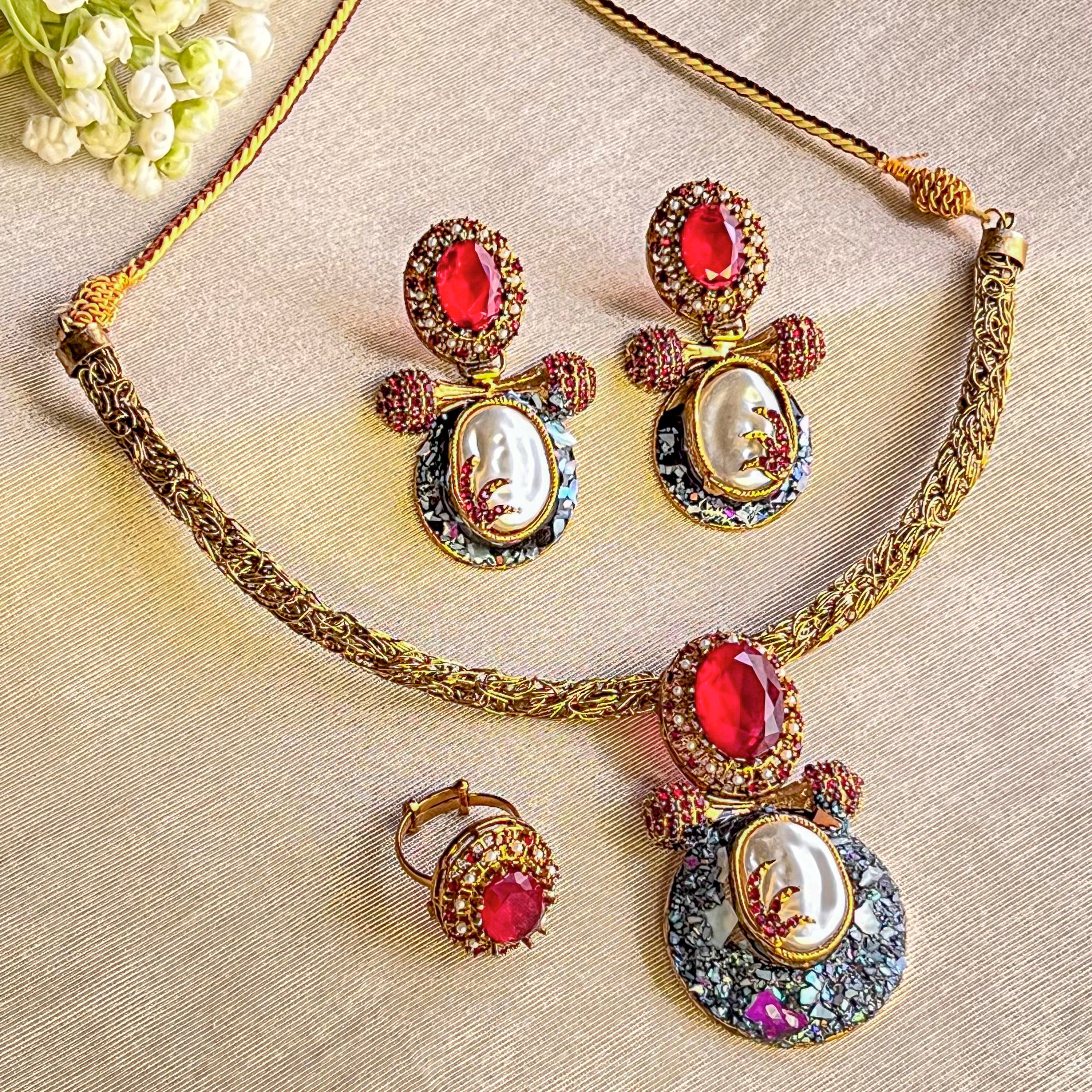 By La Lueur | CS-60 | Gul-e-Aftab Choker Set - Ruby