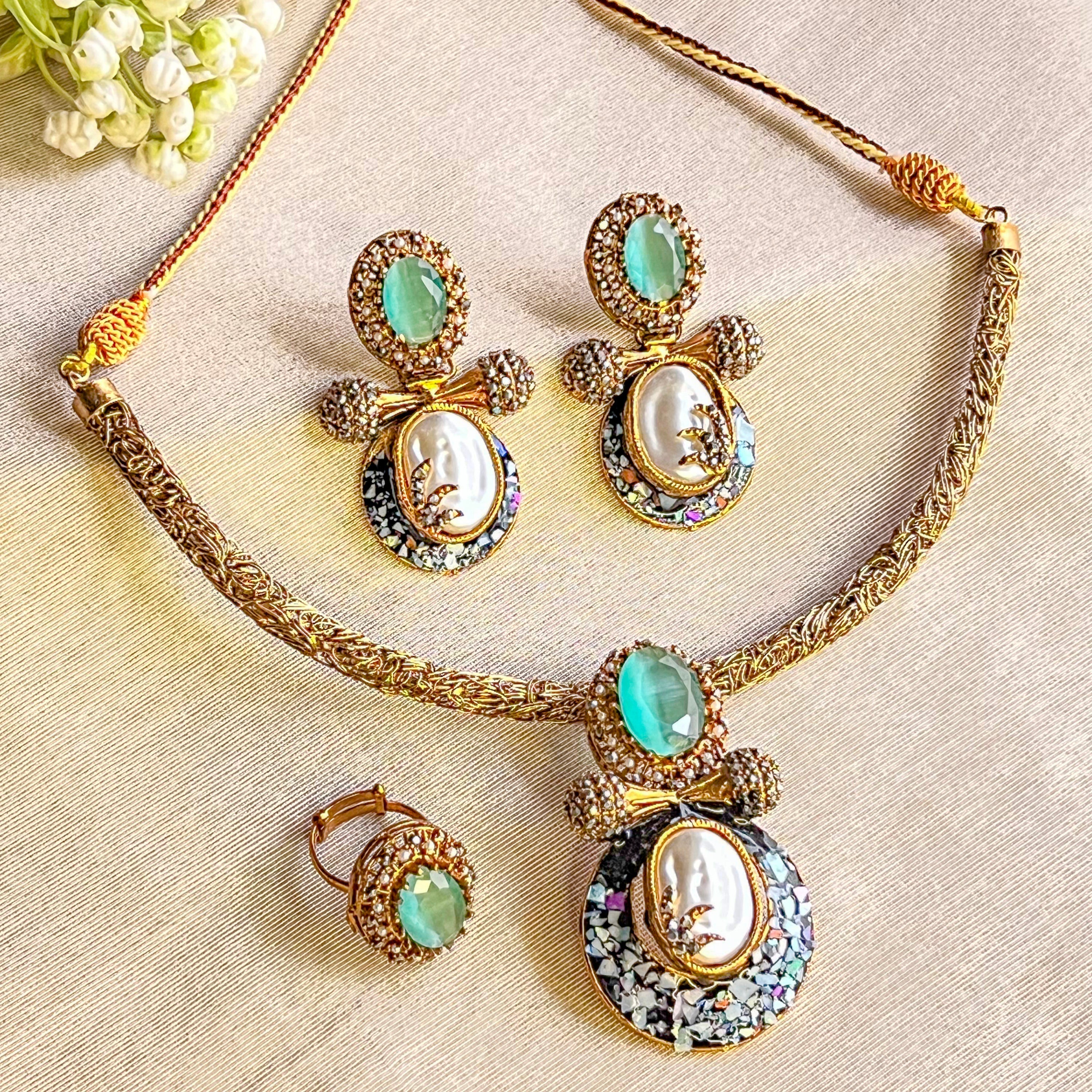 By La Lueur | CS-60 | Gul-e-Aftab Choker Set - Aqua