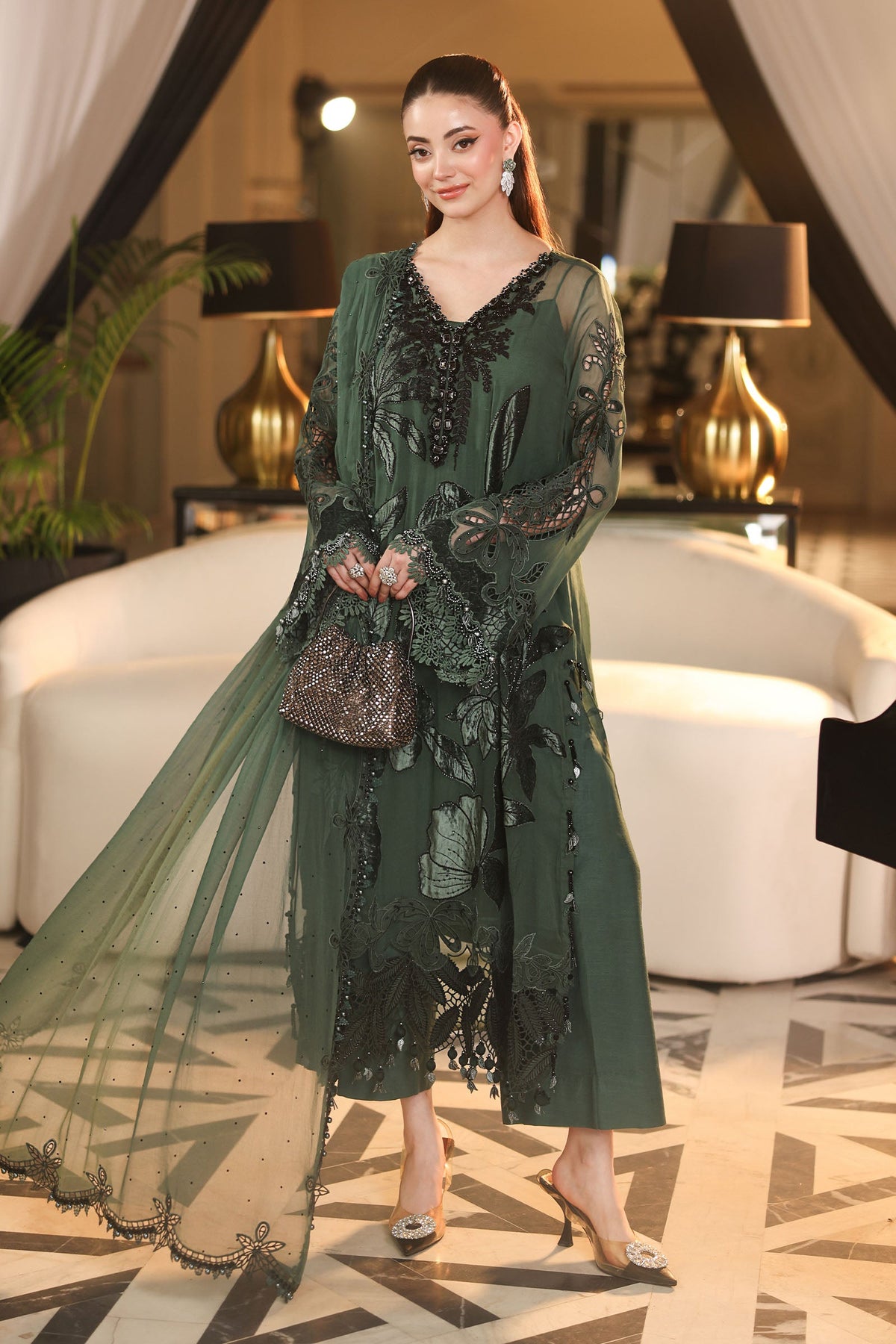 Maria B Chiffons Pine Green heavy formal 3 piece stitched suit AZ-MBCH-D-07