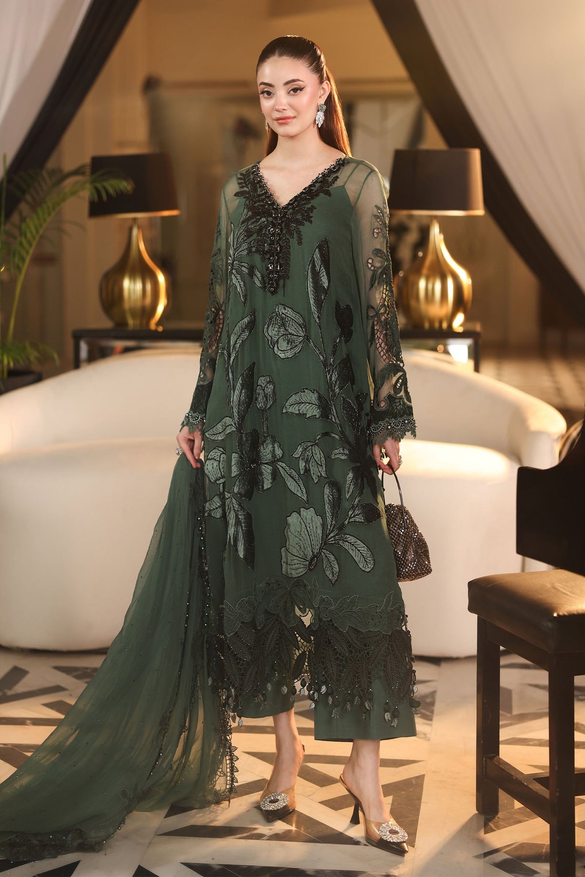 Maria B Chiffons Pine Green heavy formal 3 piece stitched suit AZ-MBCH-D-07