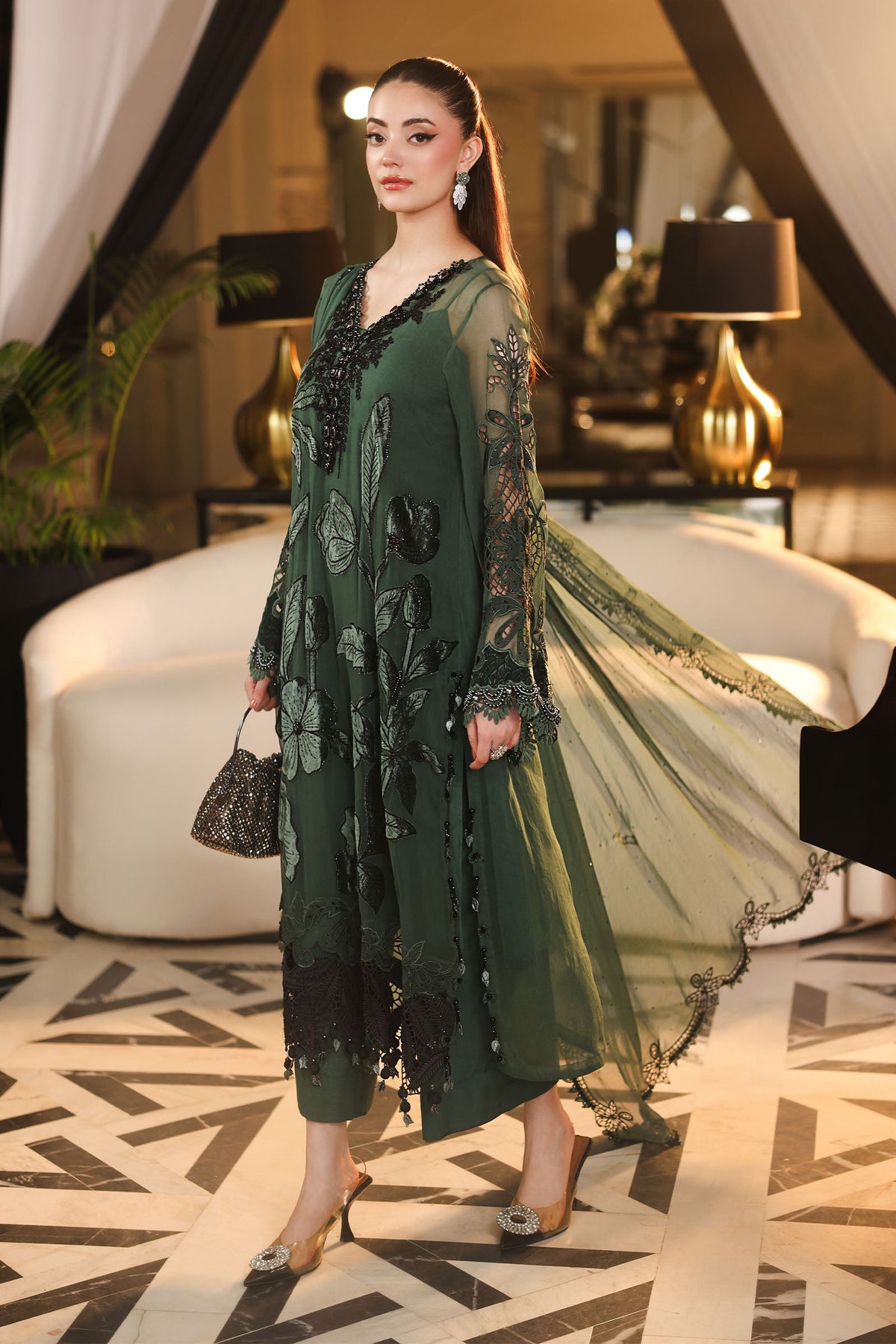 Maria B Chiffons Pine Green heavy formal 3 piece stitched suit AZ-MBCH-D-07