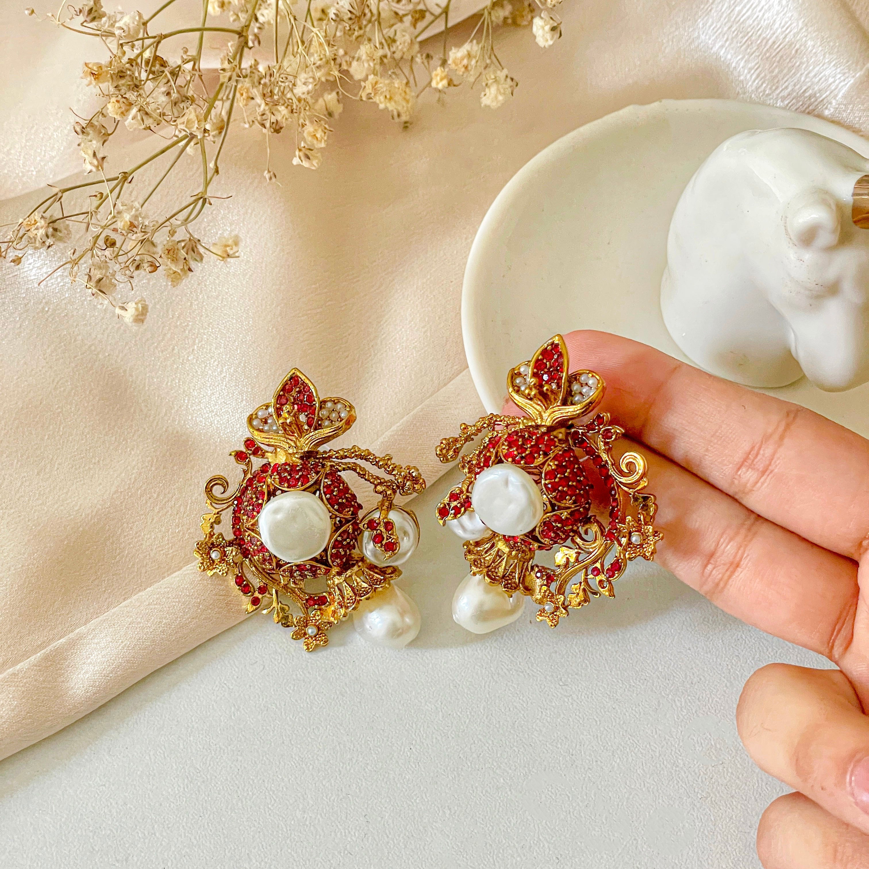 By La Lueur | ER-109 | Koh-e-Gohar Earrings - Ruby