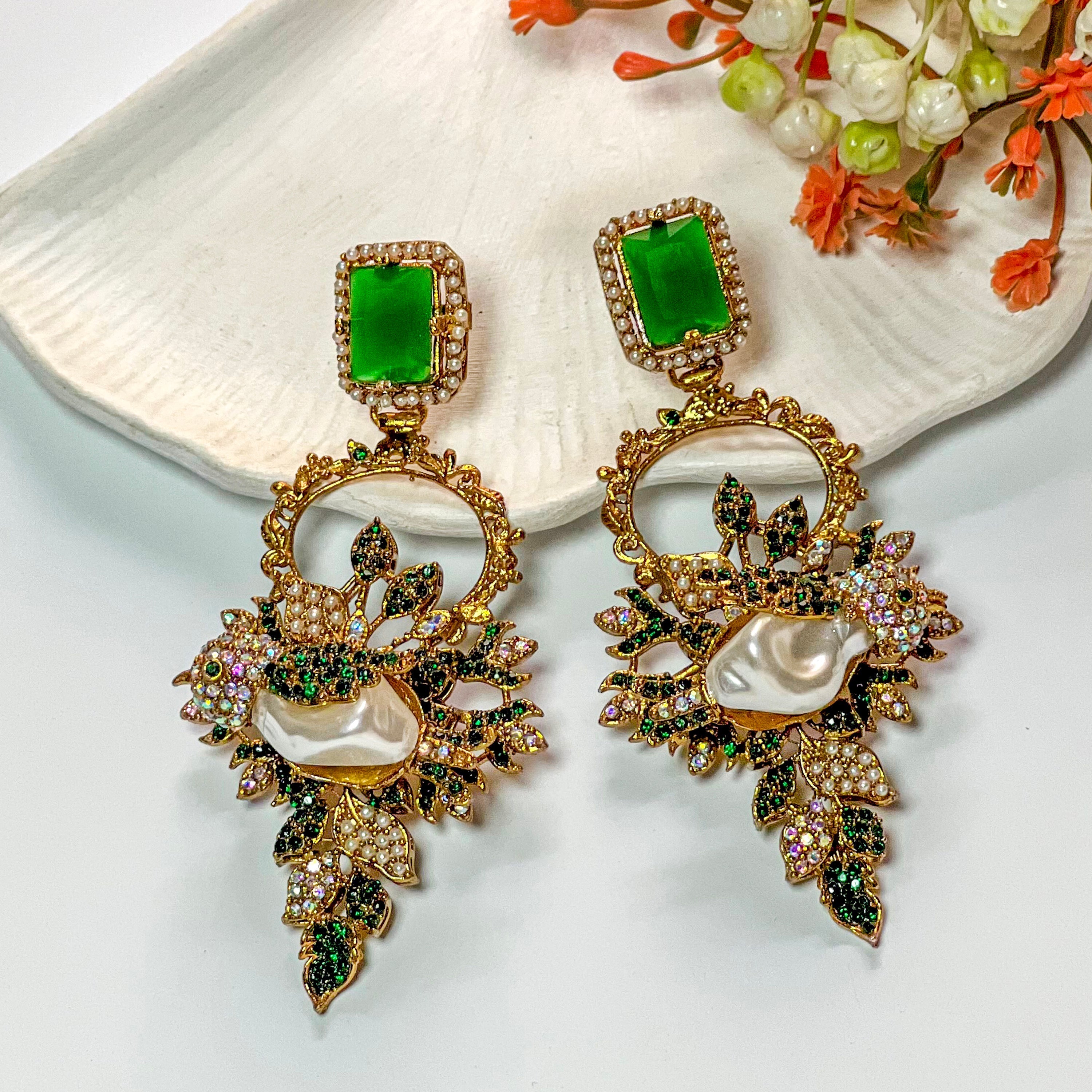 By La Lueur | ER-115 | Gulbahaar Earrings - Emerald Green