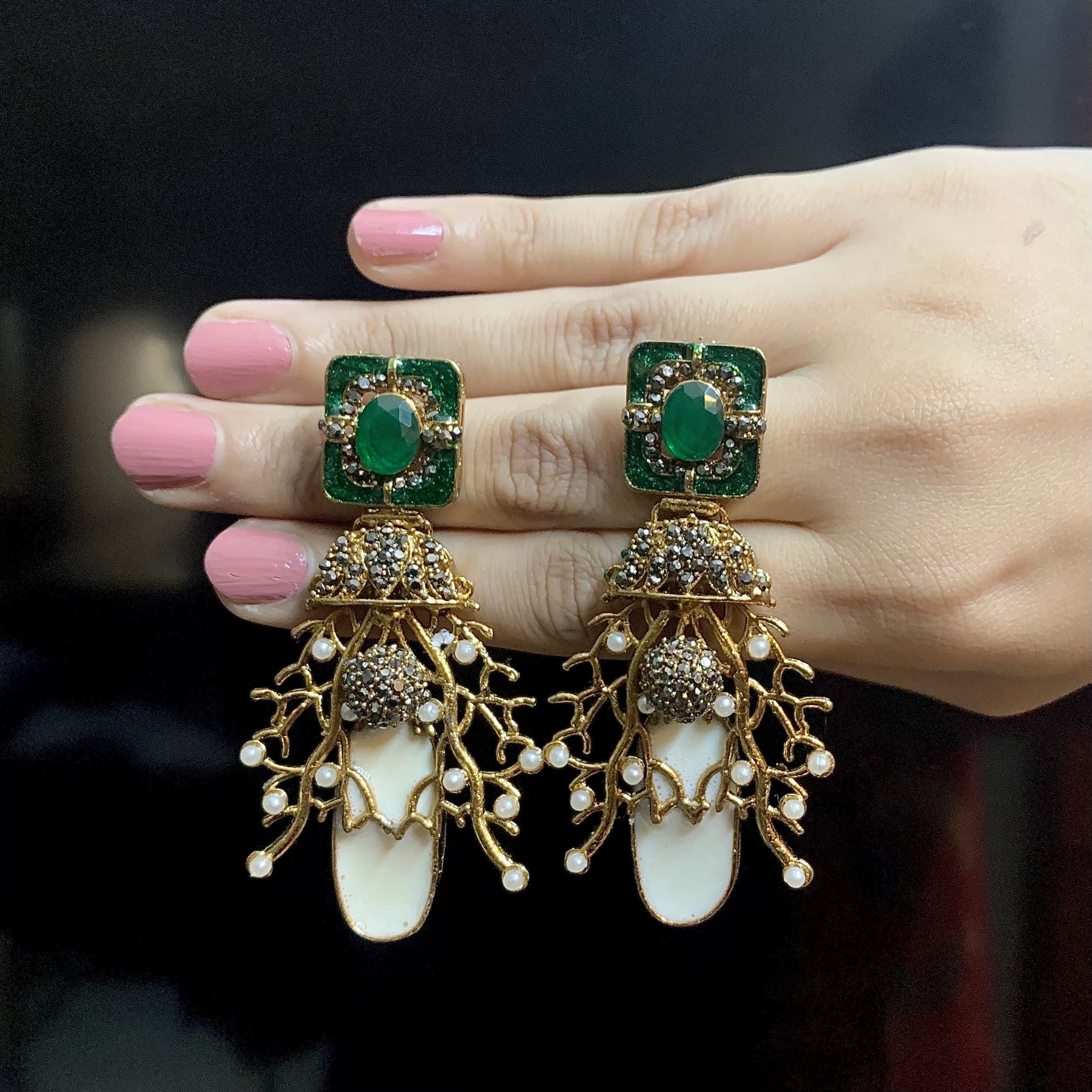 By La Lueur | ER-68 | Noor Mahal (D2) Earrings - Emerald Green