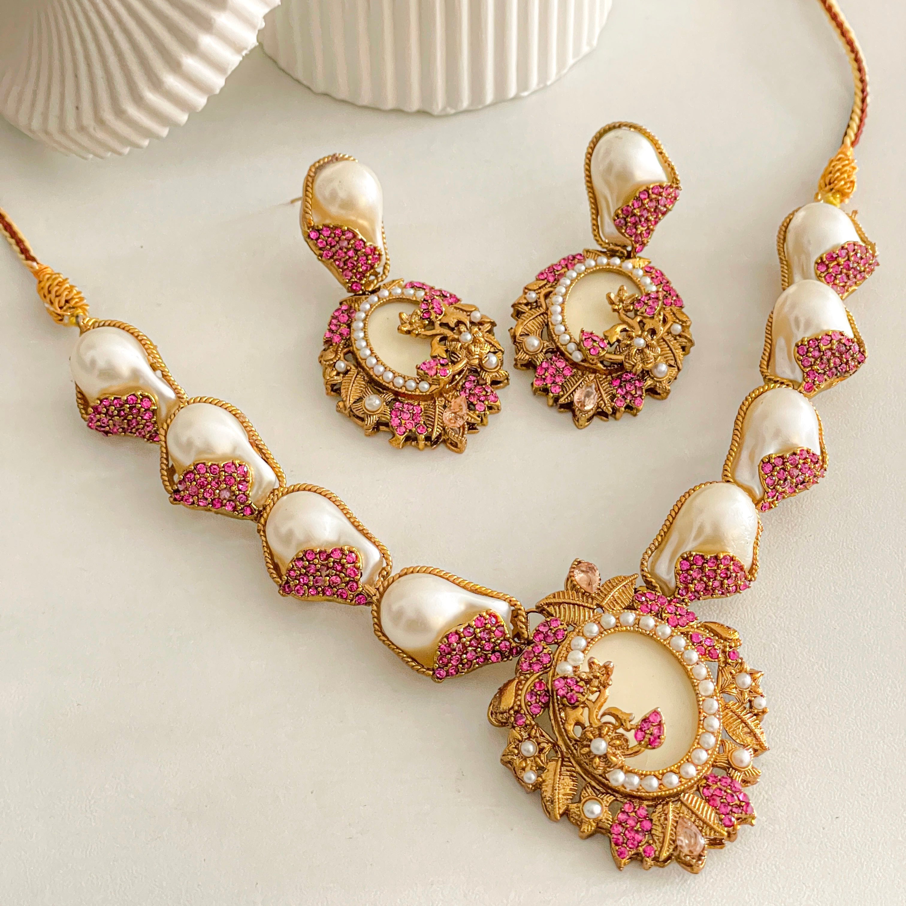 By La Lueur | S-65 | Abresham Necklace Set - Fuchsia