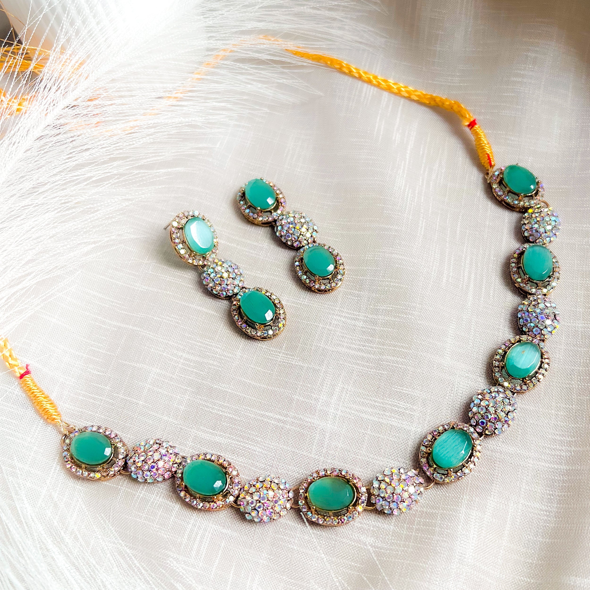 By La Lueur | S-62 | Gohar-e-Aab Necklace Set - Green