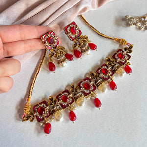 By La Lueur | CS-45 | Zewar-e-Moti Choker Set - Ruby Gilt