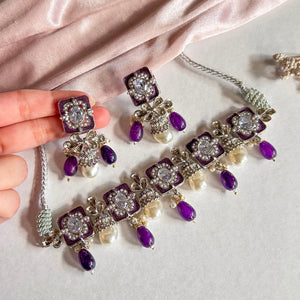 By La Lueur | CS-45 | Zewar-e-Moti Choker Set - Plum Frost