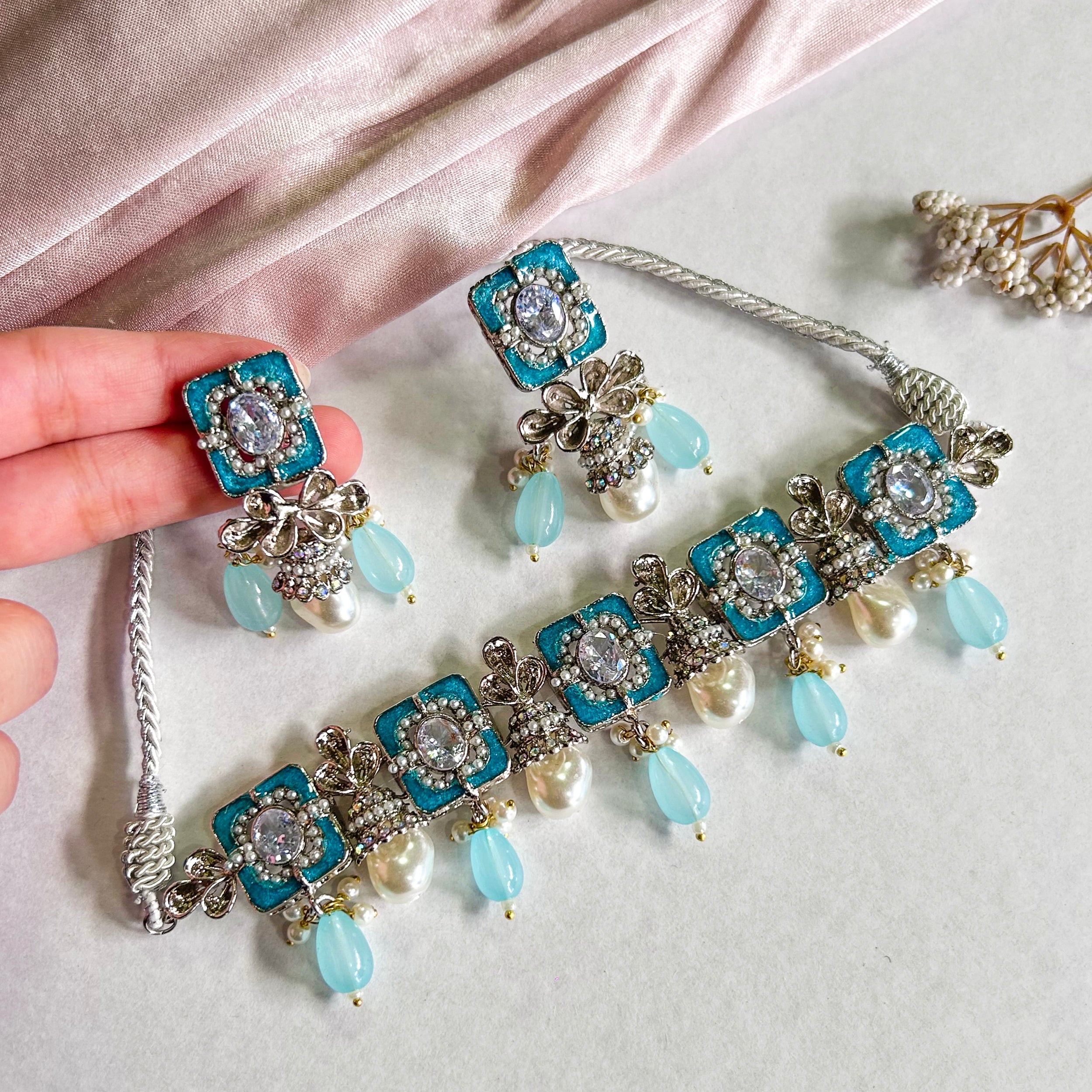 By La Lueur | CS-45 | Zewar-e-Moti Choker Set - Aqua Frost