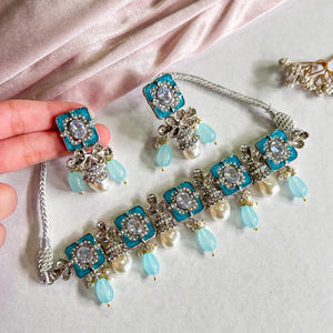 By La Lueur | CS-45 | Zewar-e-Moti Choker Set - Aqua Frost