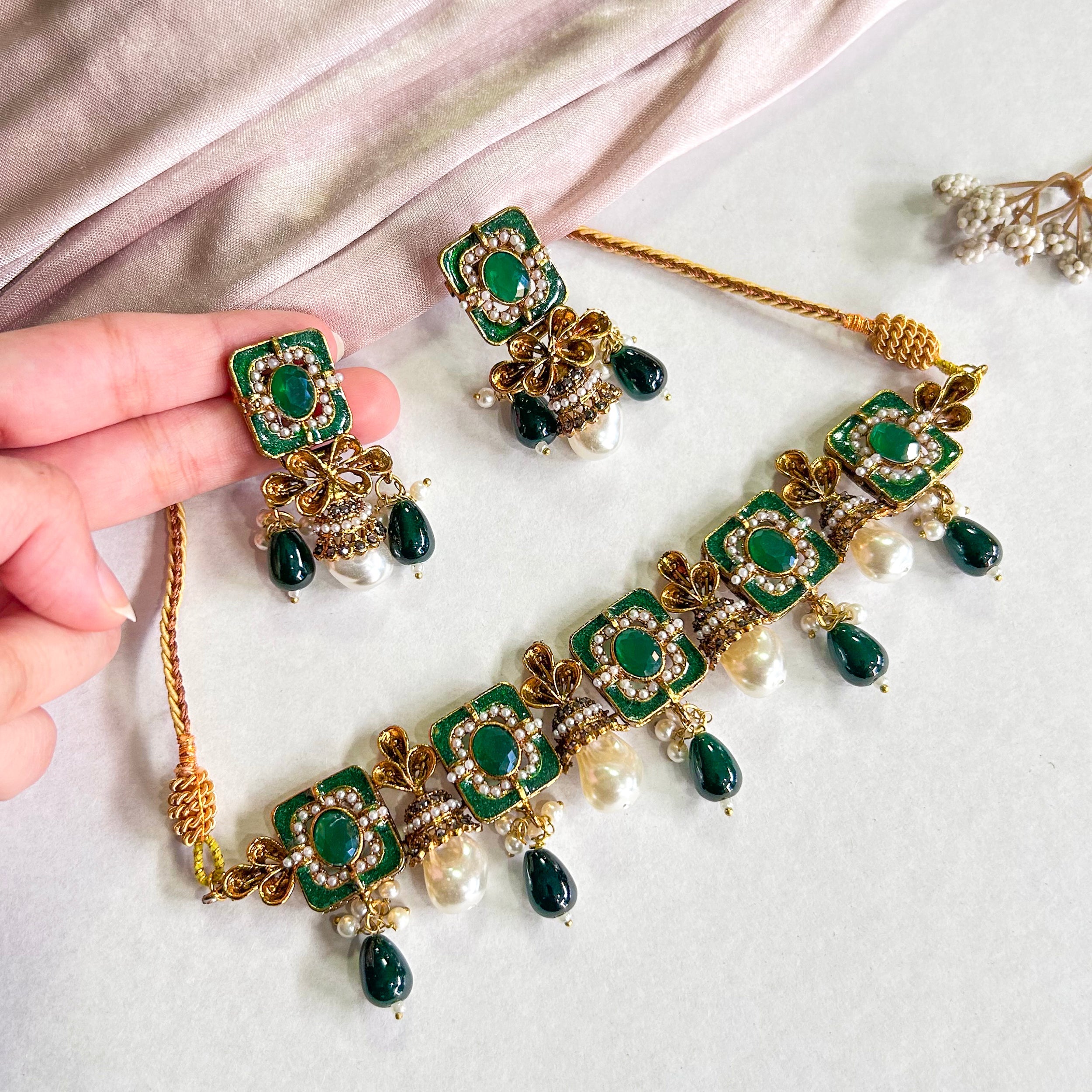 By La Lueur | CS-45 | Zewar-e-Moti Choker Set - Emerald Gilt