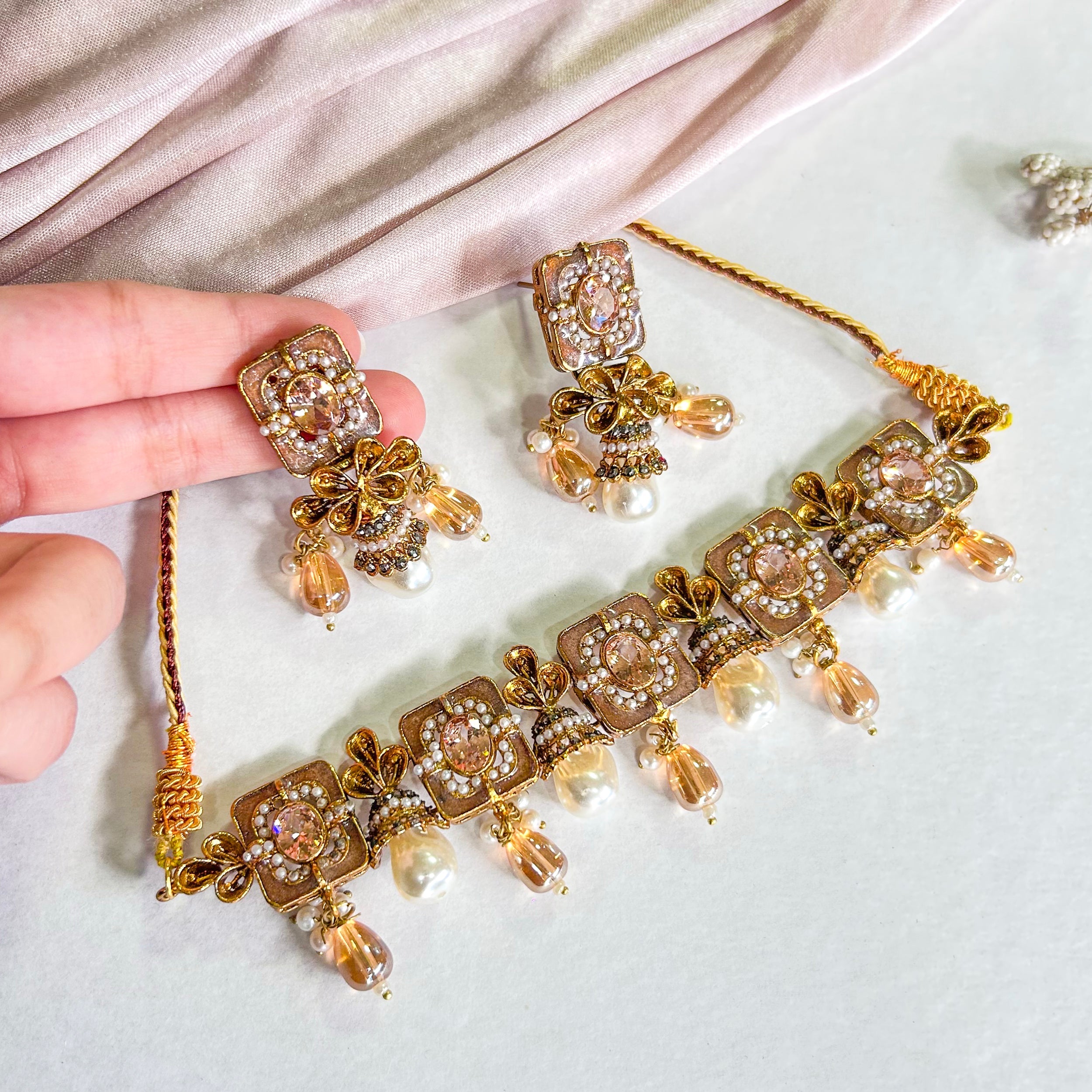 By La Lueur | CS-45 | Zewar-e-Moti Choker Set - Champagne Gilt