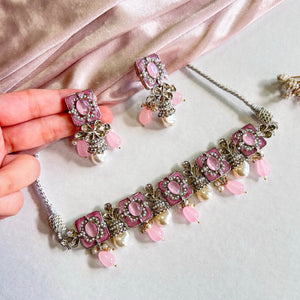 By La Lueur | CS-45 | Zewar-e-Moti Choker Set - Rose Silver