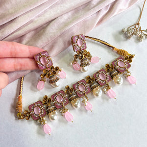 By La Lueur | CS-45 | Zewar-e-Moti Choker Set - Blush Gold