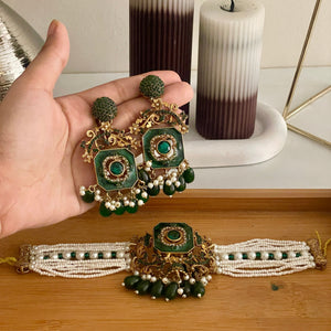 Naureen Half Choker Set - Emerald Green