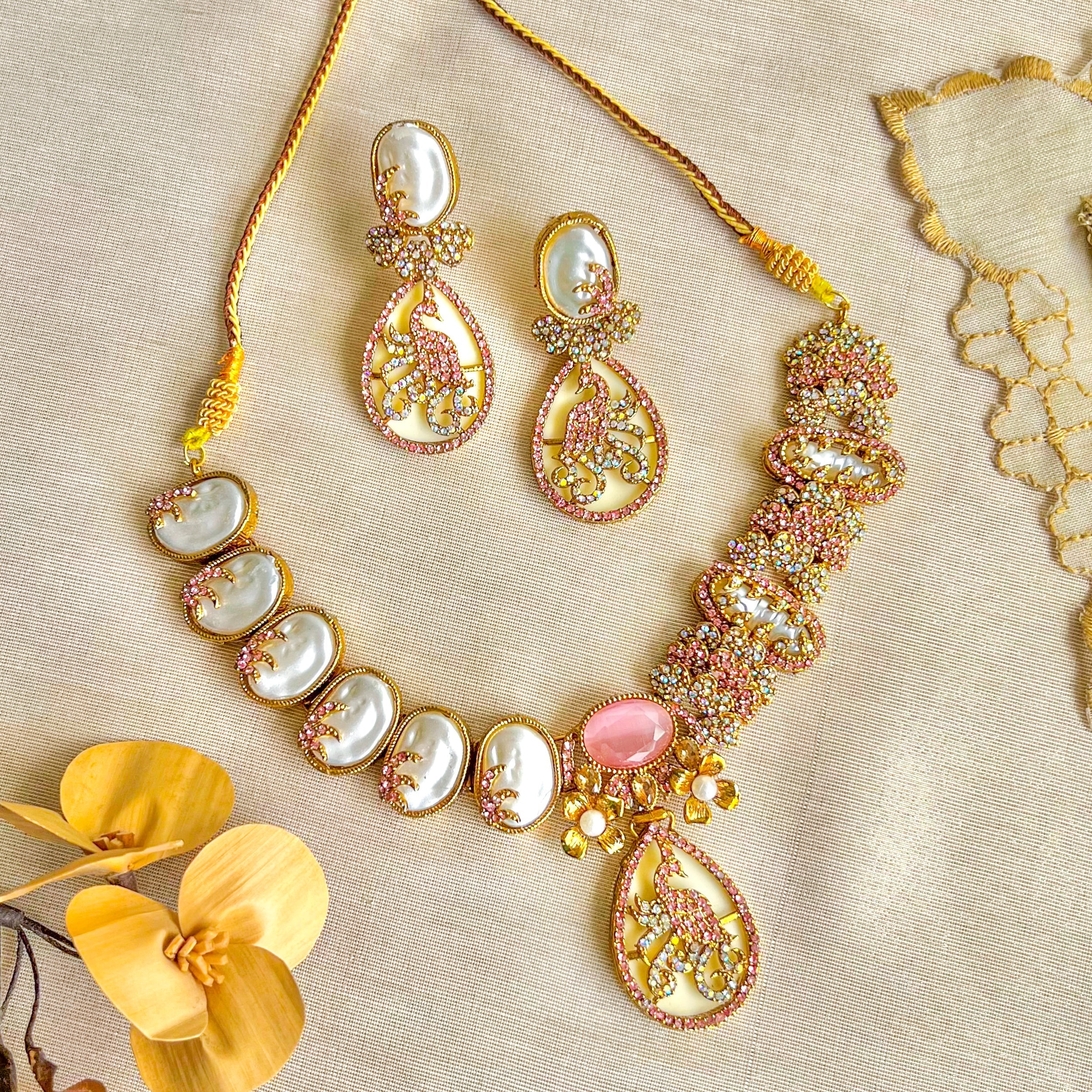 By La Lueur | S-68 | Raqs-e-Mina Necklace Set - Rose