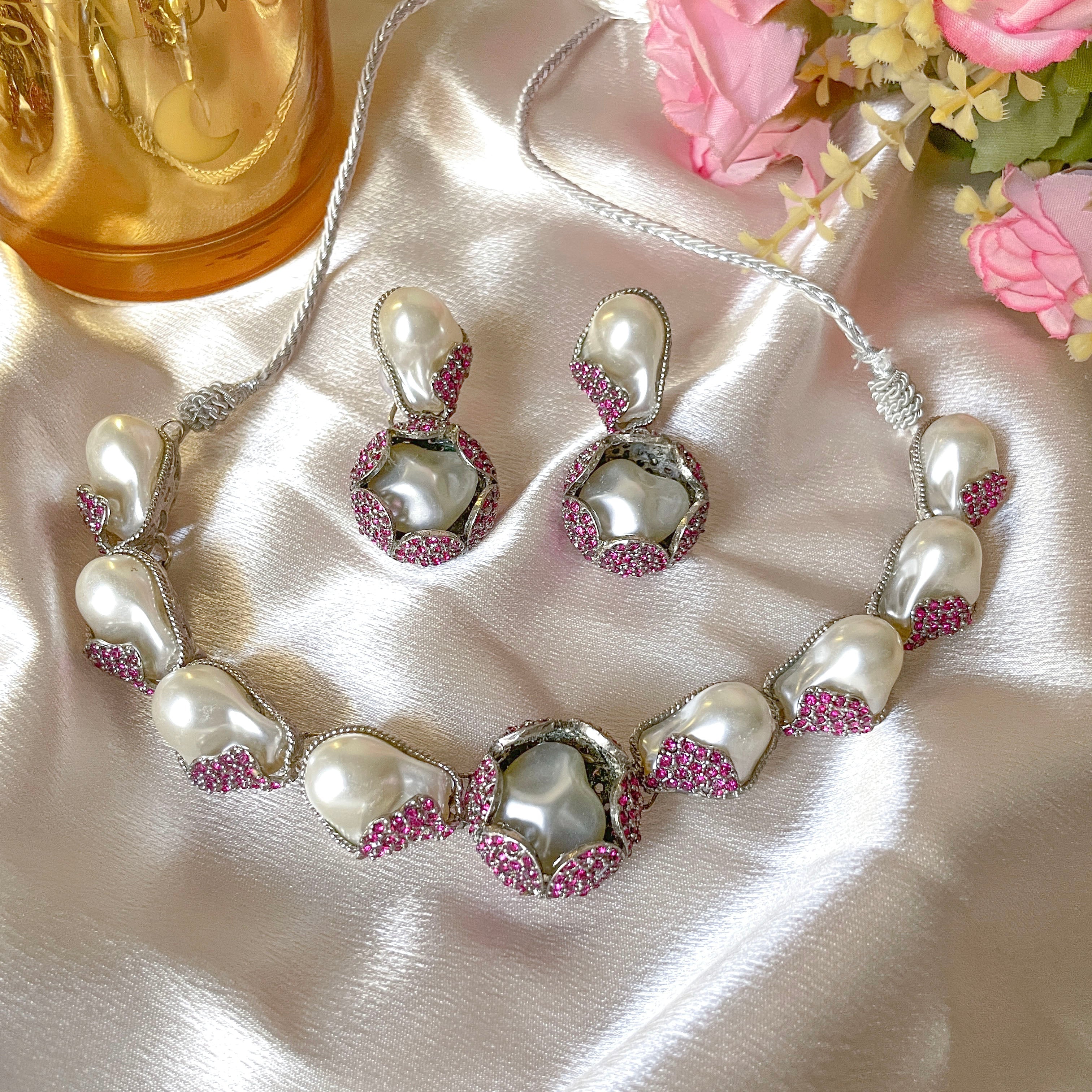 Moti-e-Phool Necklace Set - Rose Silver