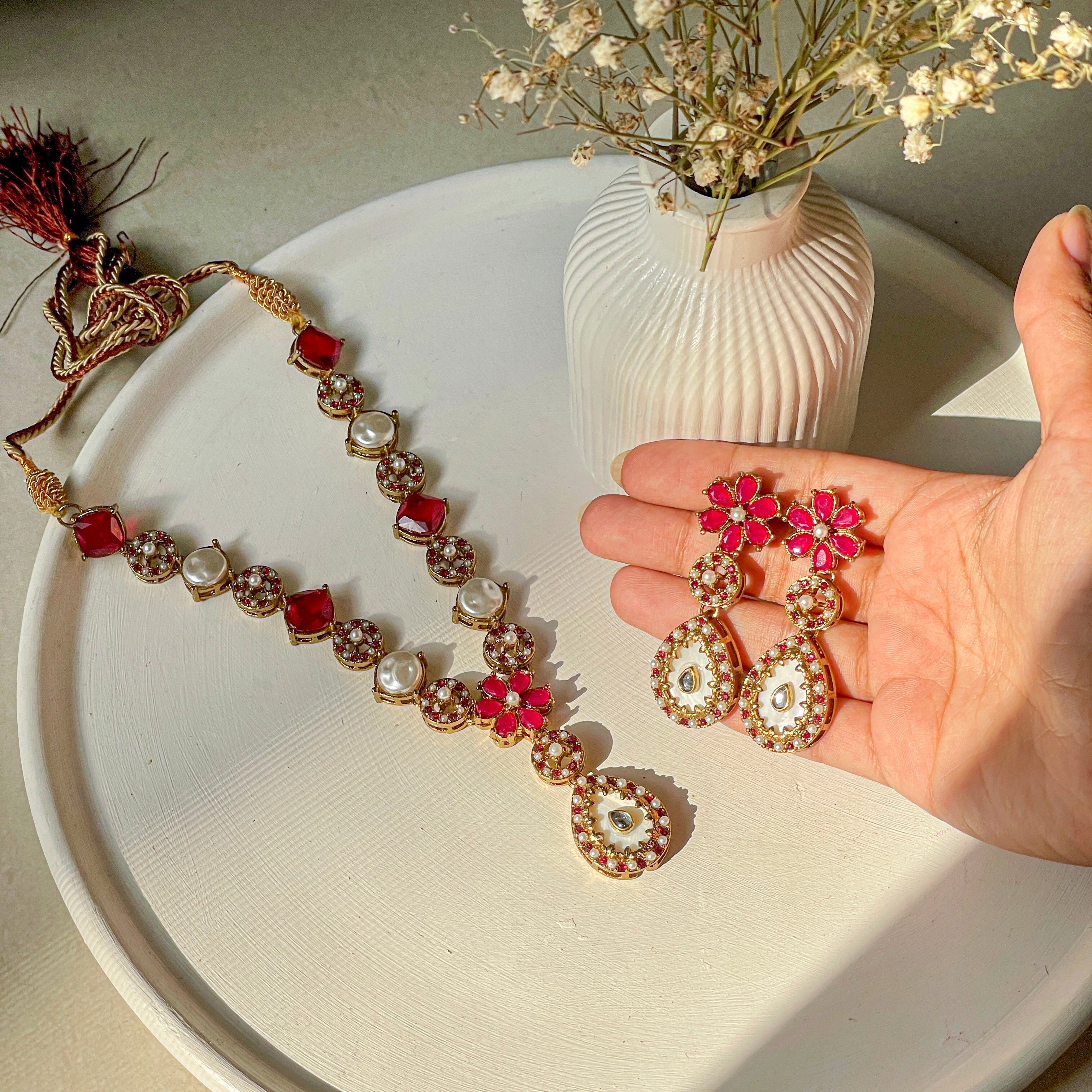 By La Lueur | S-55 | Gul e Haseen Necklace Set - Ruby