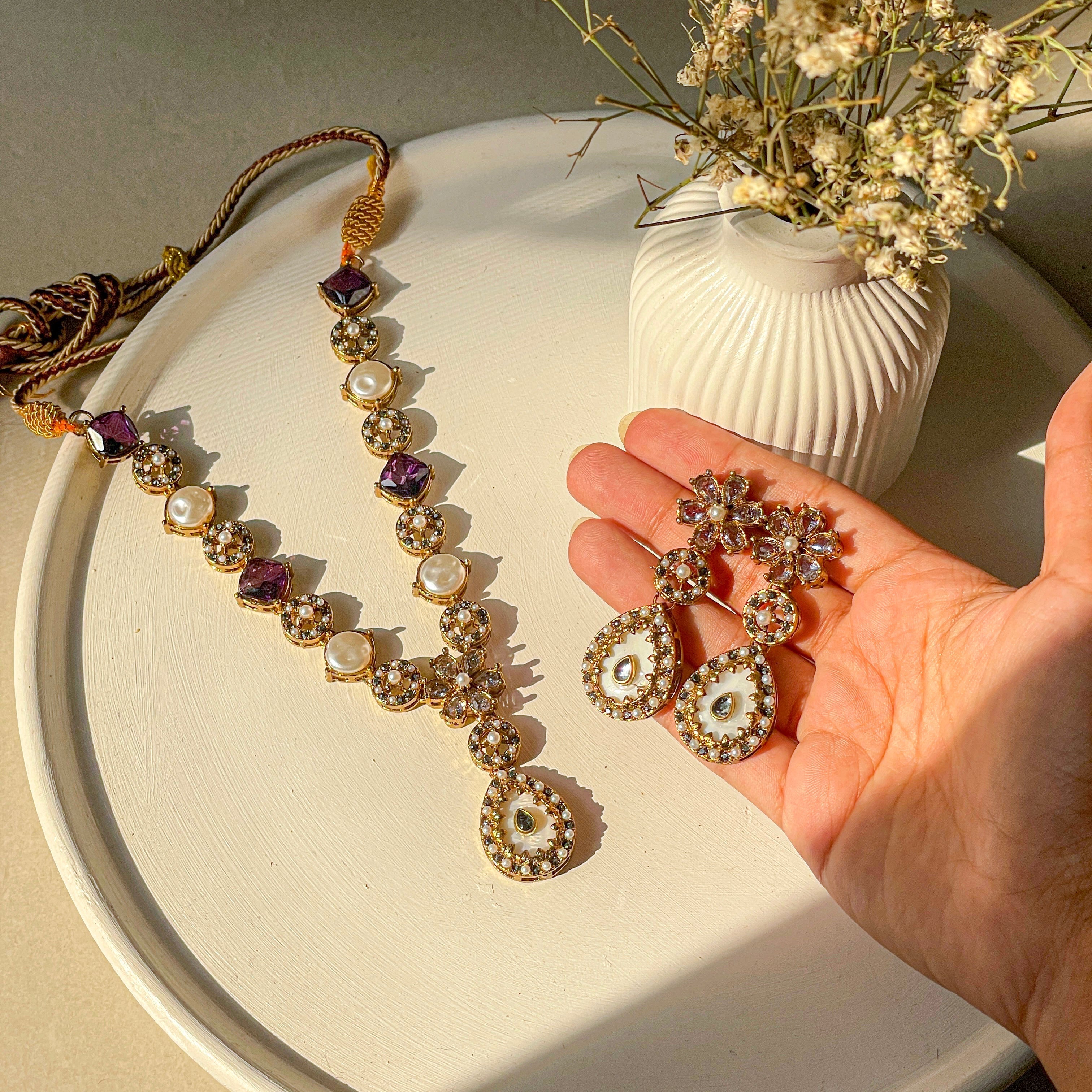 By La Lueur | S-55 | Gul e Haseen Necklace Set - Plum Purple