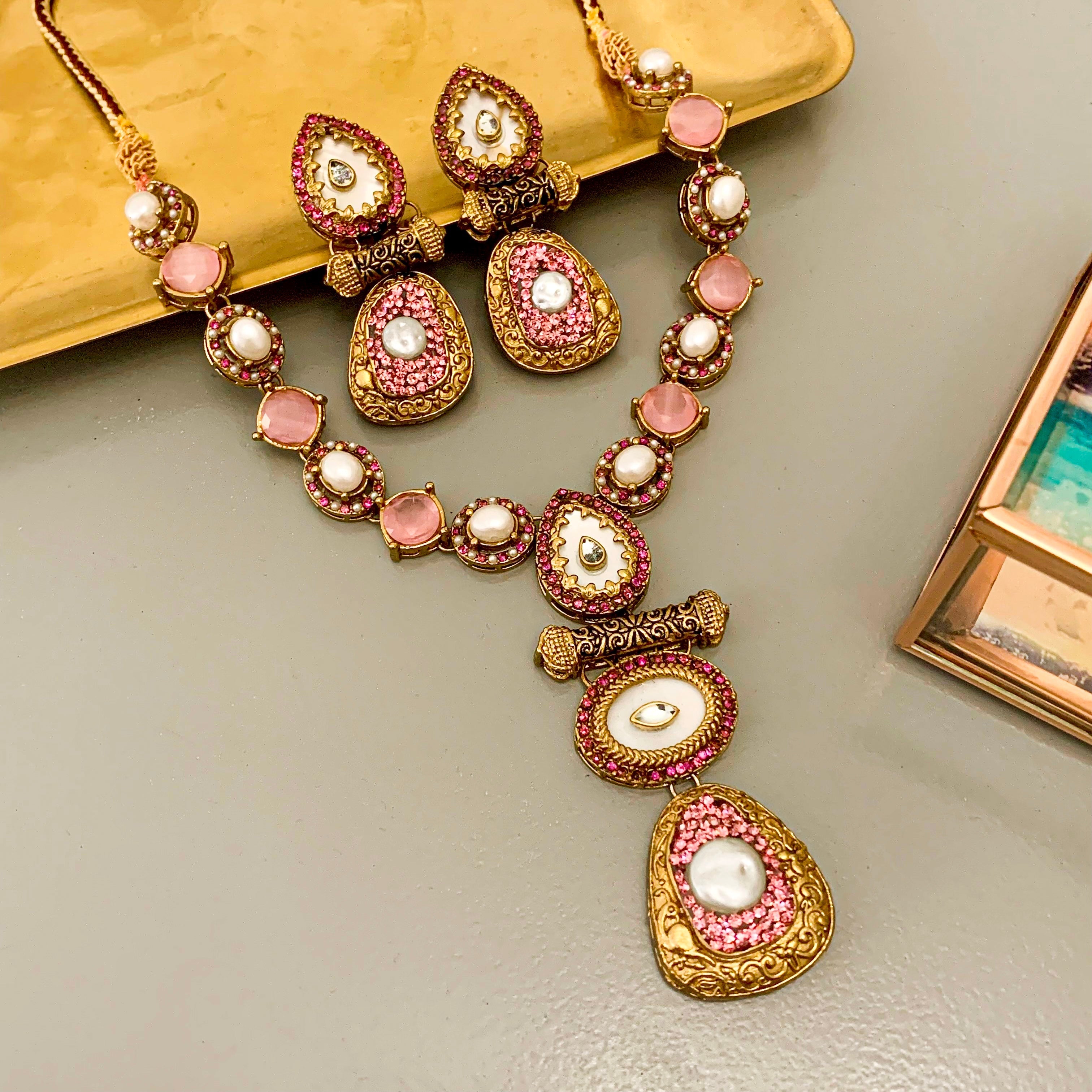 By La Lueur | S-57 | Rang-e-Deewan Pearl Mughal Charm Necklace - Rose
