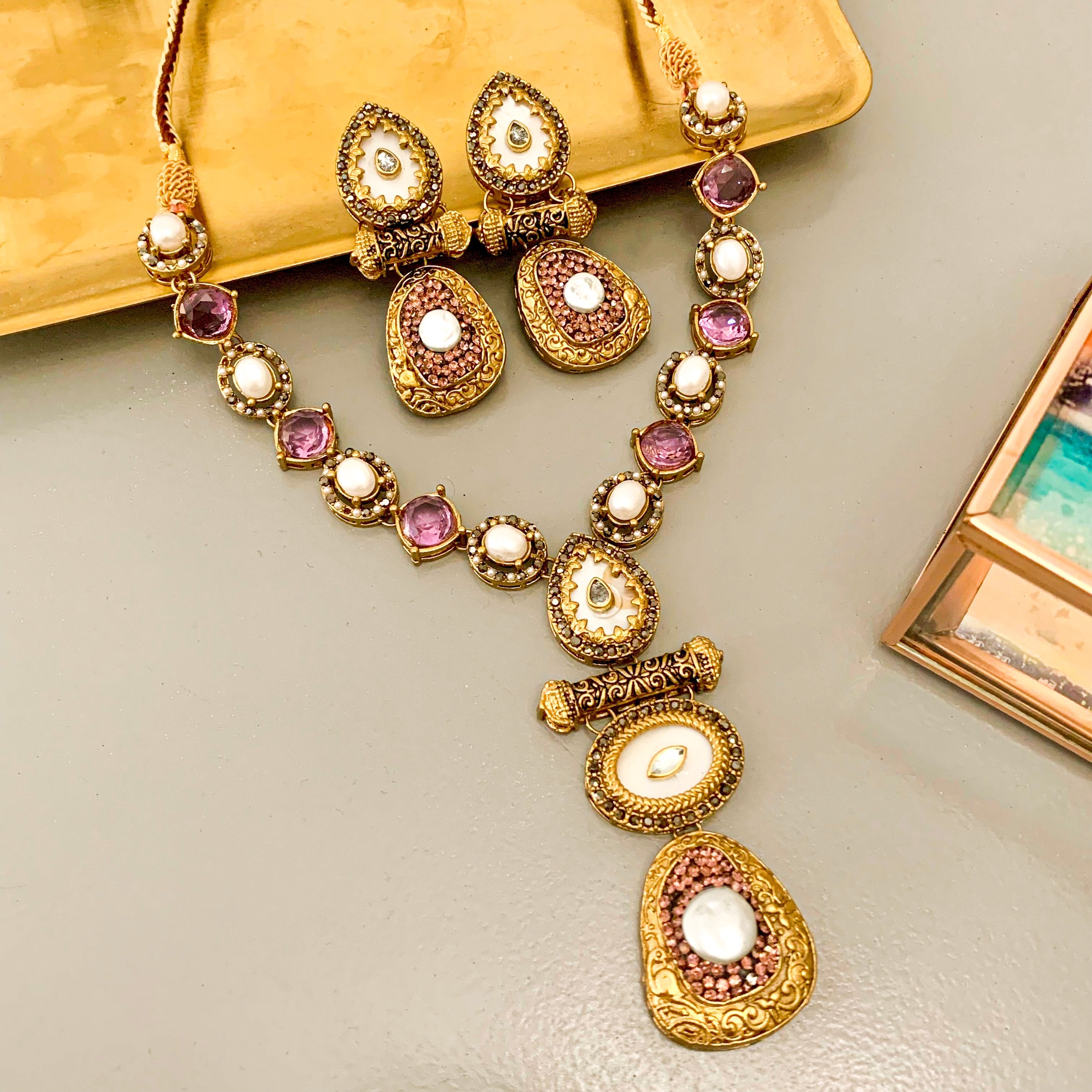 By La Lueur | S-57 | Rang-e-Deewan Pearl Mughal Charm Necklace - Plum Purple