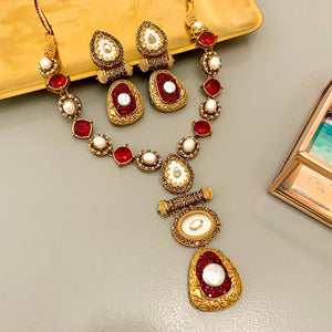 By La Lueur | S-57 | Rang-e-Deewan Pearl Mughal Charm Necklace - Ruby