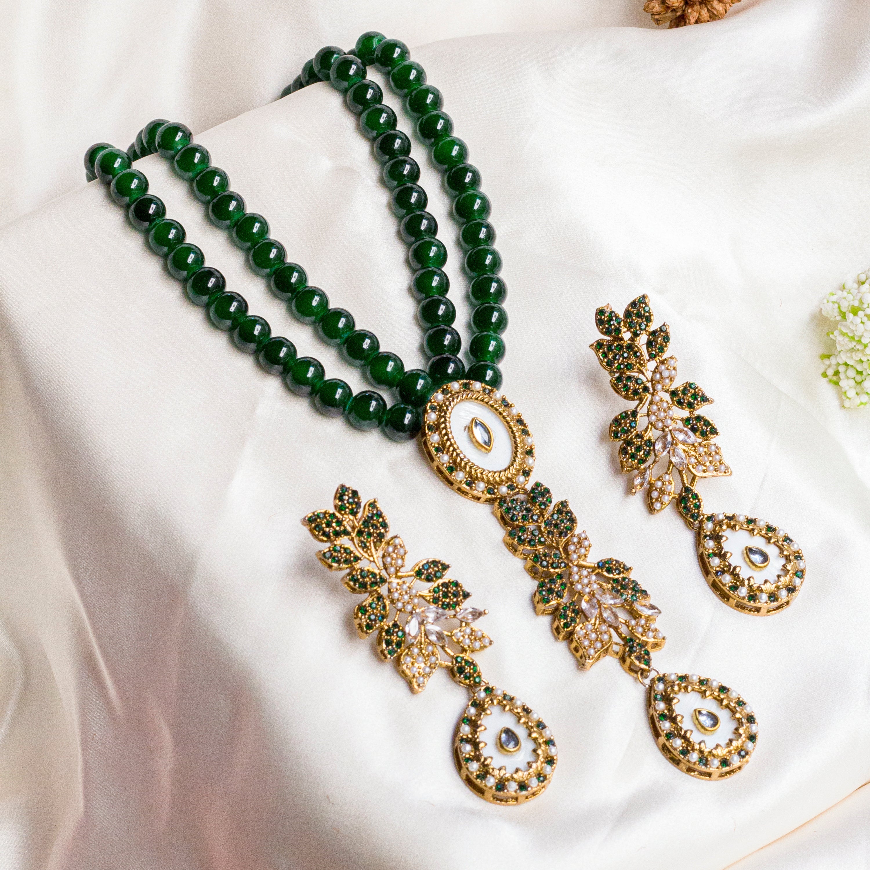 By La Lueur | S-58 | Zenara Necklace Mala - Emerald Green