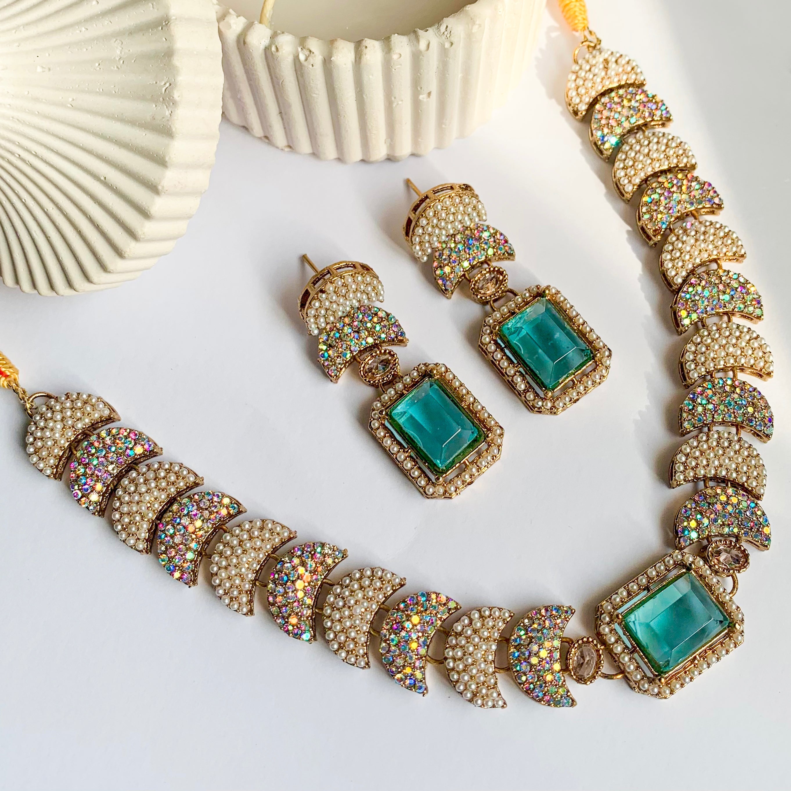 By La Lueur | S-63 | Dur-e-Fishan Necklace Set - Aqua