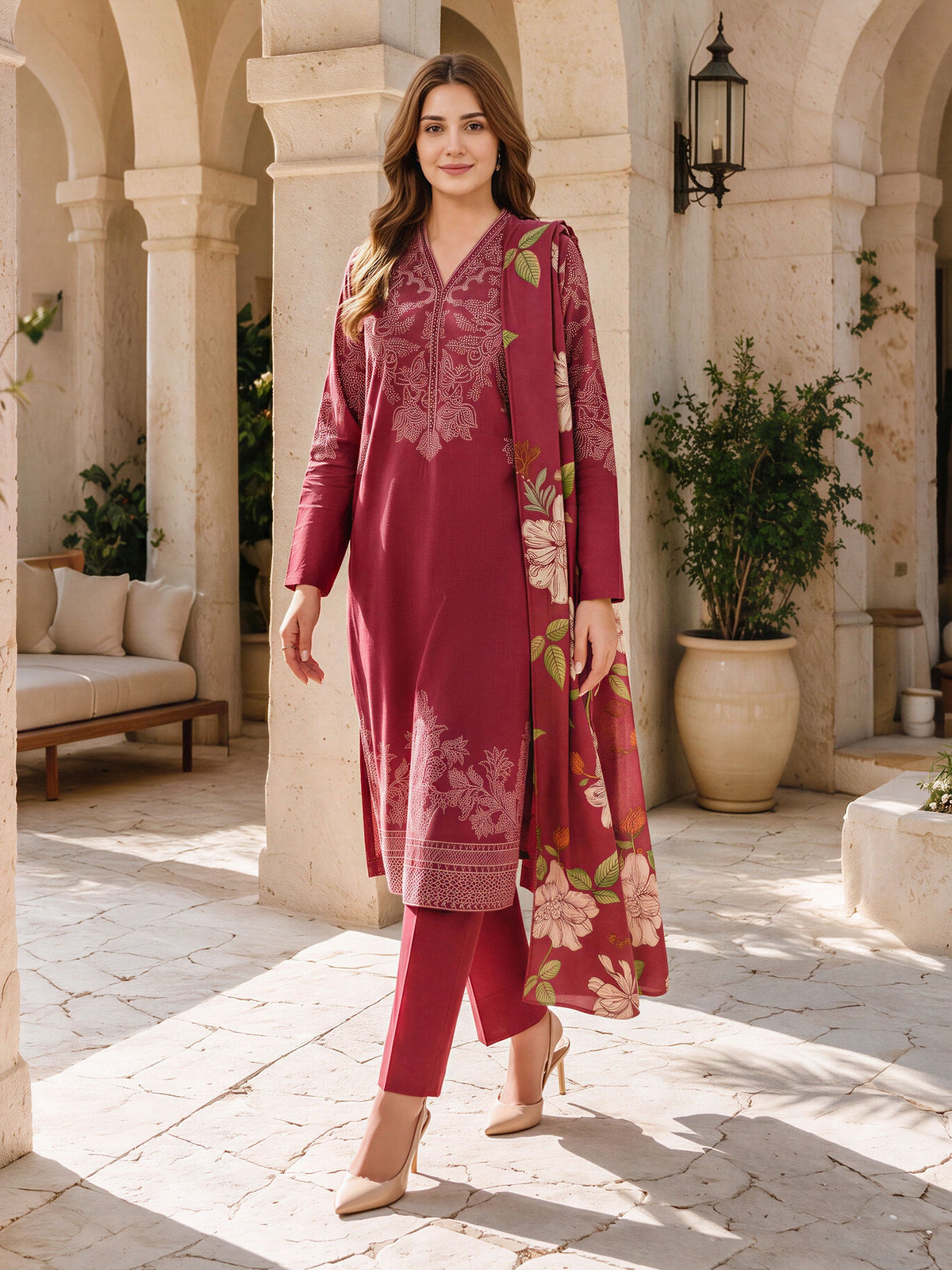 Limelight Red khaddar printed 3 piece stitched suit AZ-LL-U4613-R