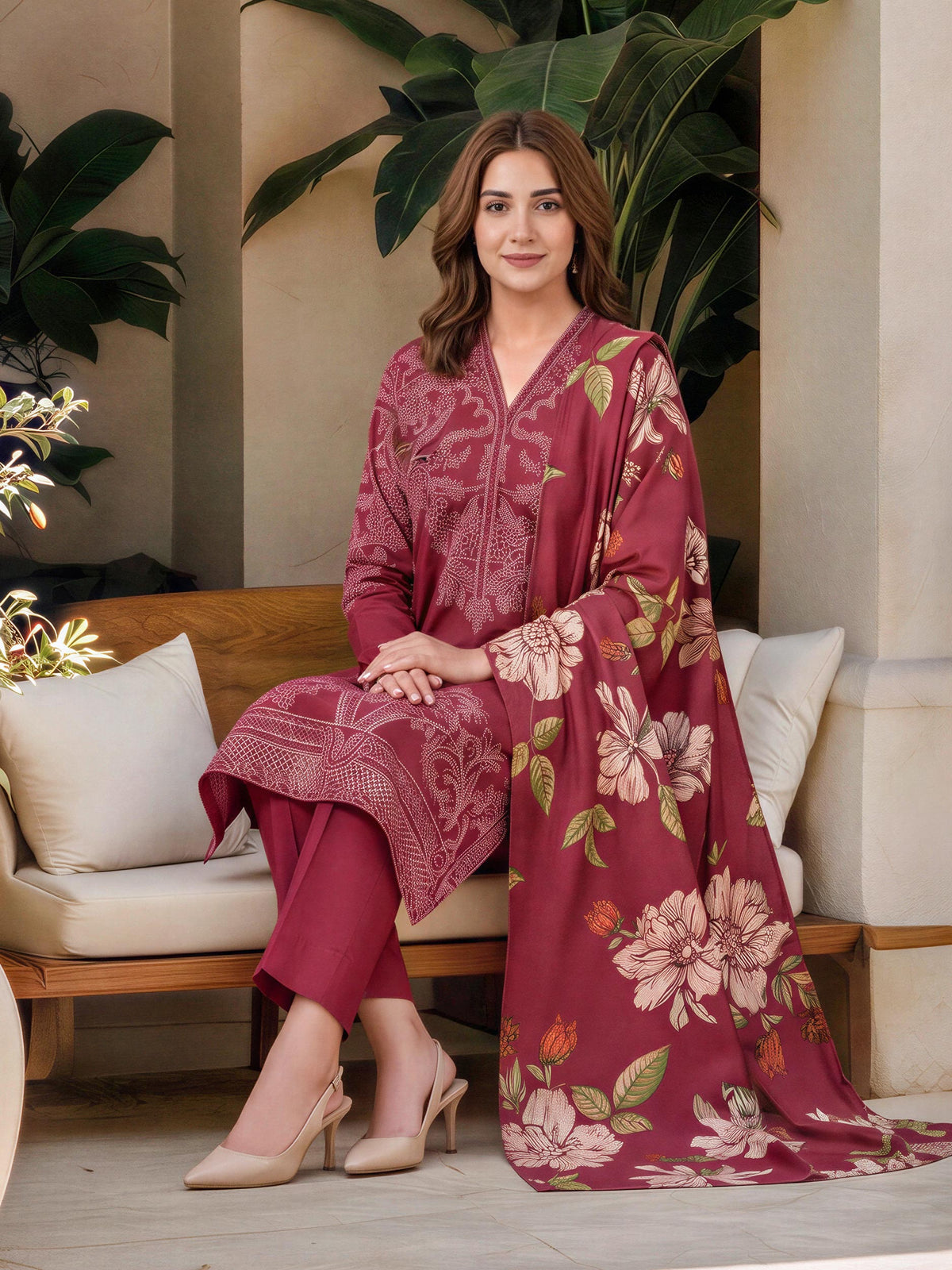 Limelight Red khaddar printed 3 piece stitched suit AZ-LL-U4613-R
