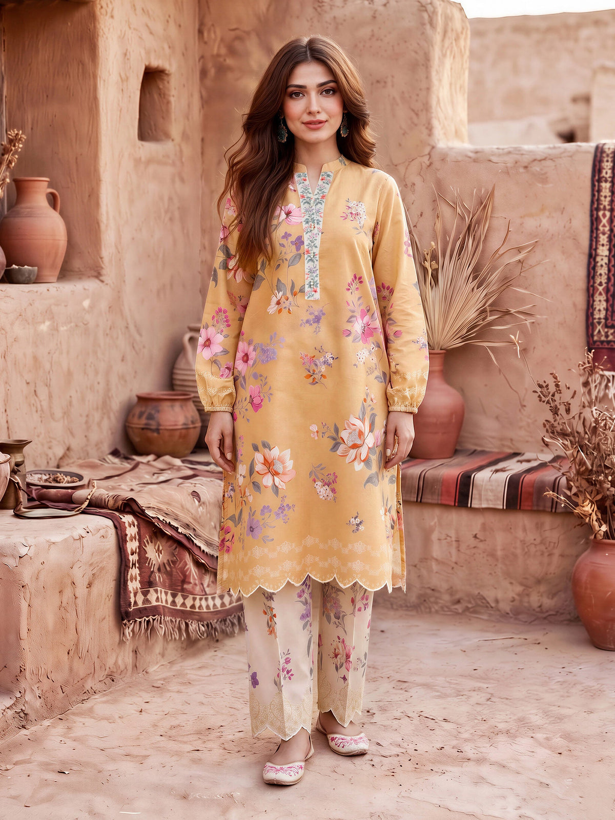 Limelight Yellow khaddar printed 2 piece stitched suit AZ-LL-U4705-Y