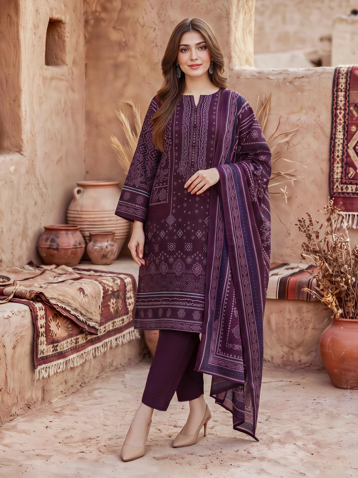 Limelight Pink khaddar printed 3 piece stitched suit AZ-LL-U5413-P